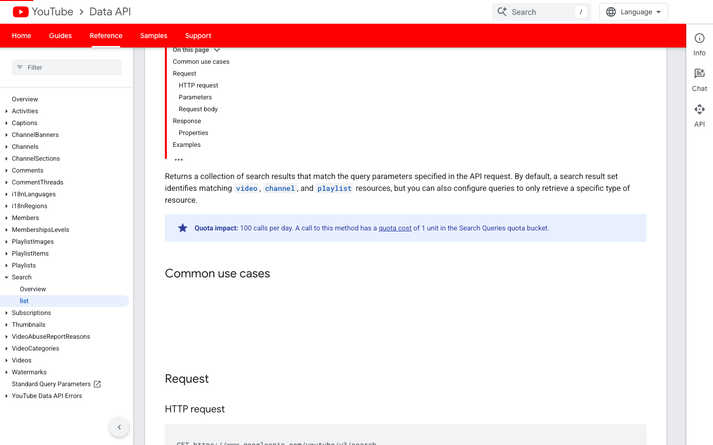 Google YouTube Data API search.list documentation screenshot for official YouTube search requests