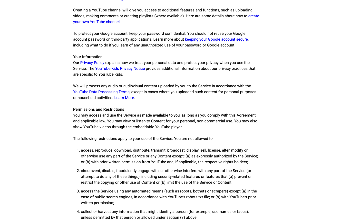 YouTube Terms of Service official page screenshot showing permissions and restrictions relevant to automated access