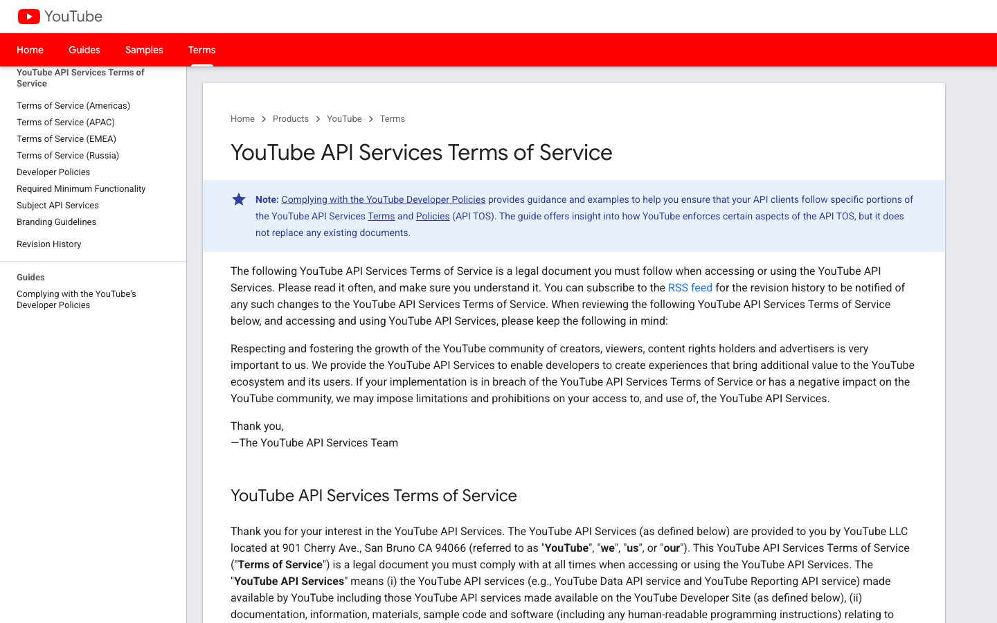 YouTube API Services Terms official page screenshot showing the API terms overview