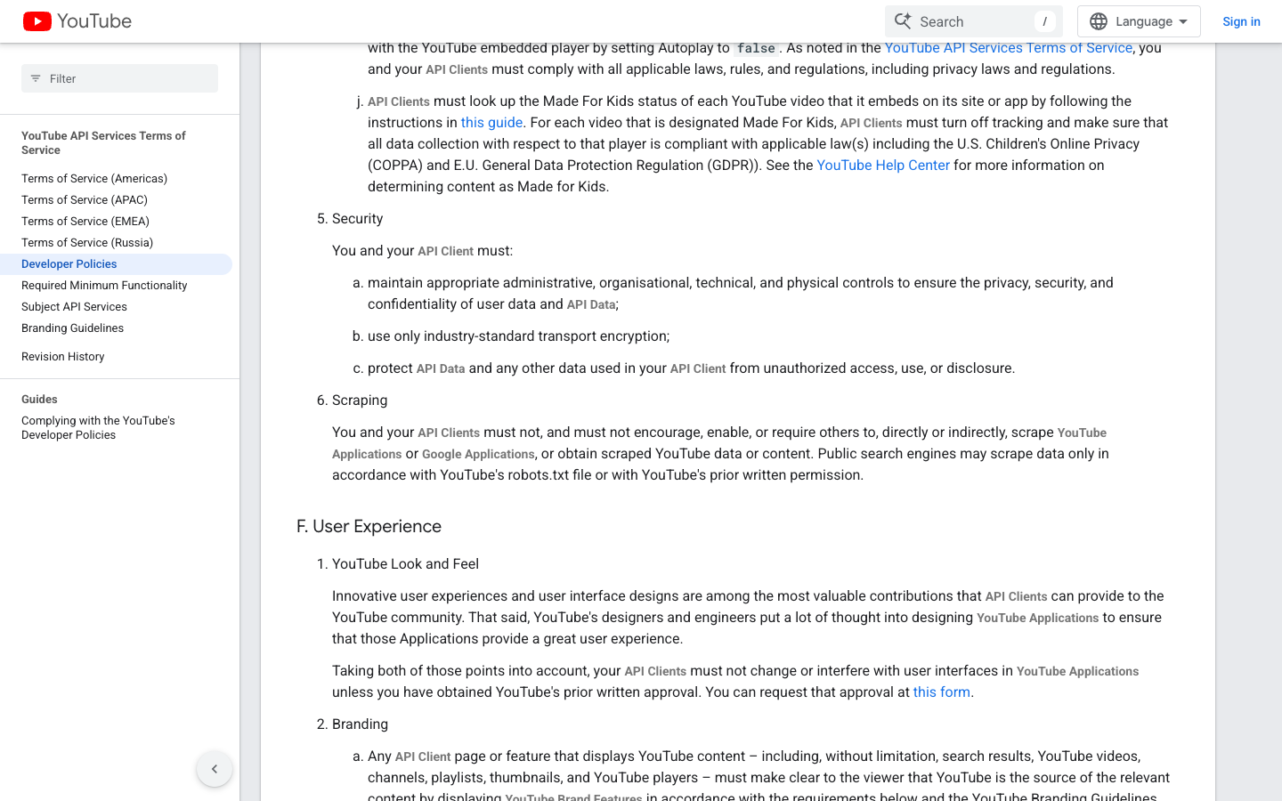 YouTube API Services Developer Policies official screenshot showing the scraping section