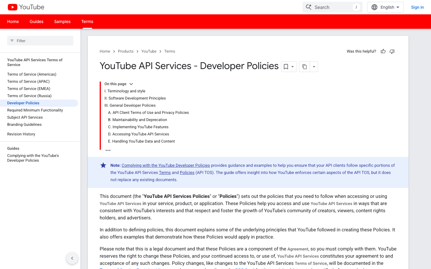 YouTube Developer Policies official screenshot showing data handling and storage policy sections