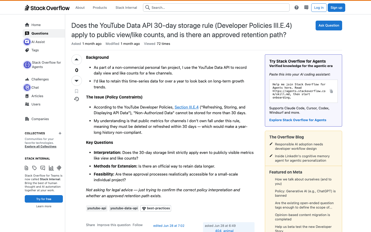 Stack Overflow screenshot showing a developer question about YouTube API 30-day storage rules