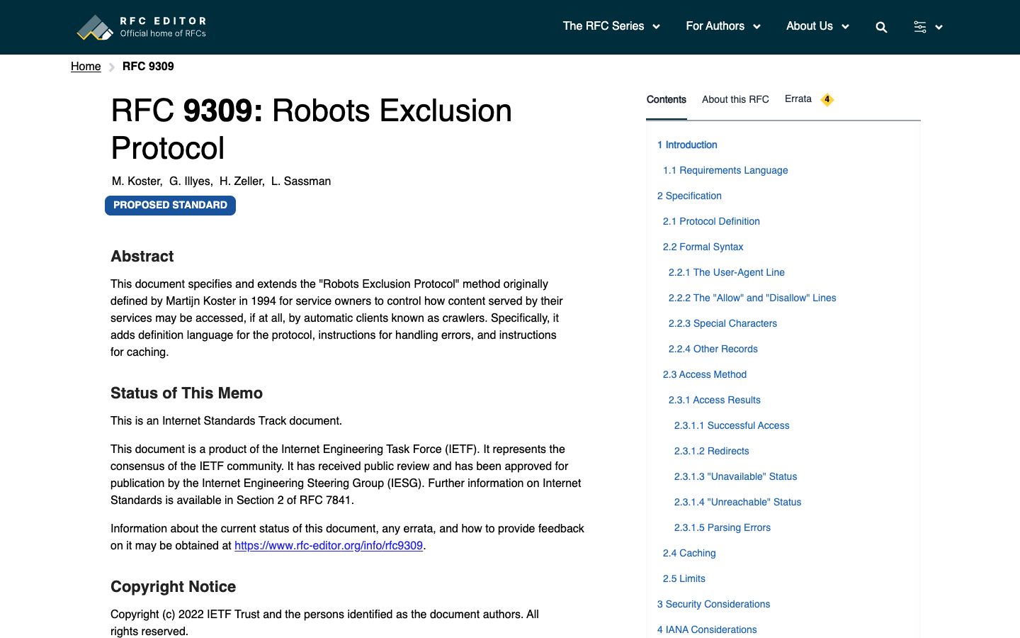 RFC 9309 official screenshot showing Robots Exclusion Protocol context
