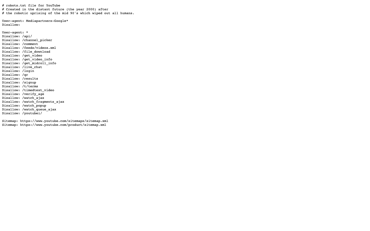 YouTube robots.txt screenshot showing crawler rules