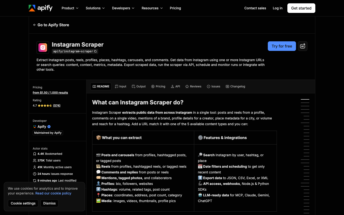 Apify Instagram Scraper official marketplace page screenshot showing pricing, rating and data coverage