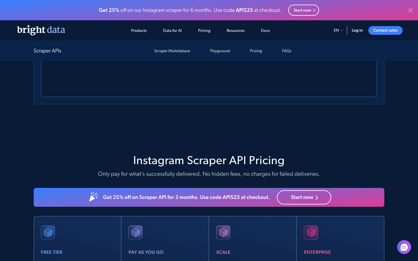Bright Data Instagram Scraper API official page screenshot showing enterprise API positioning