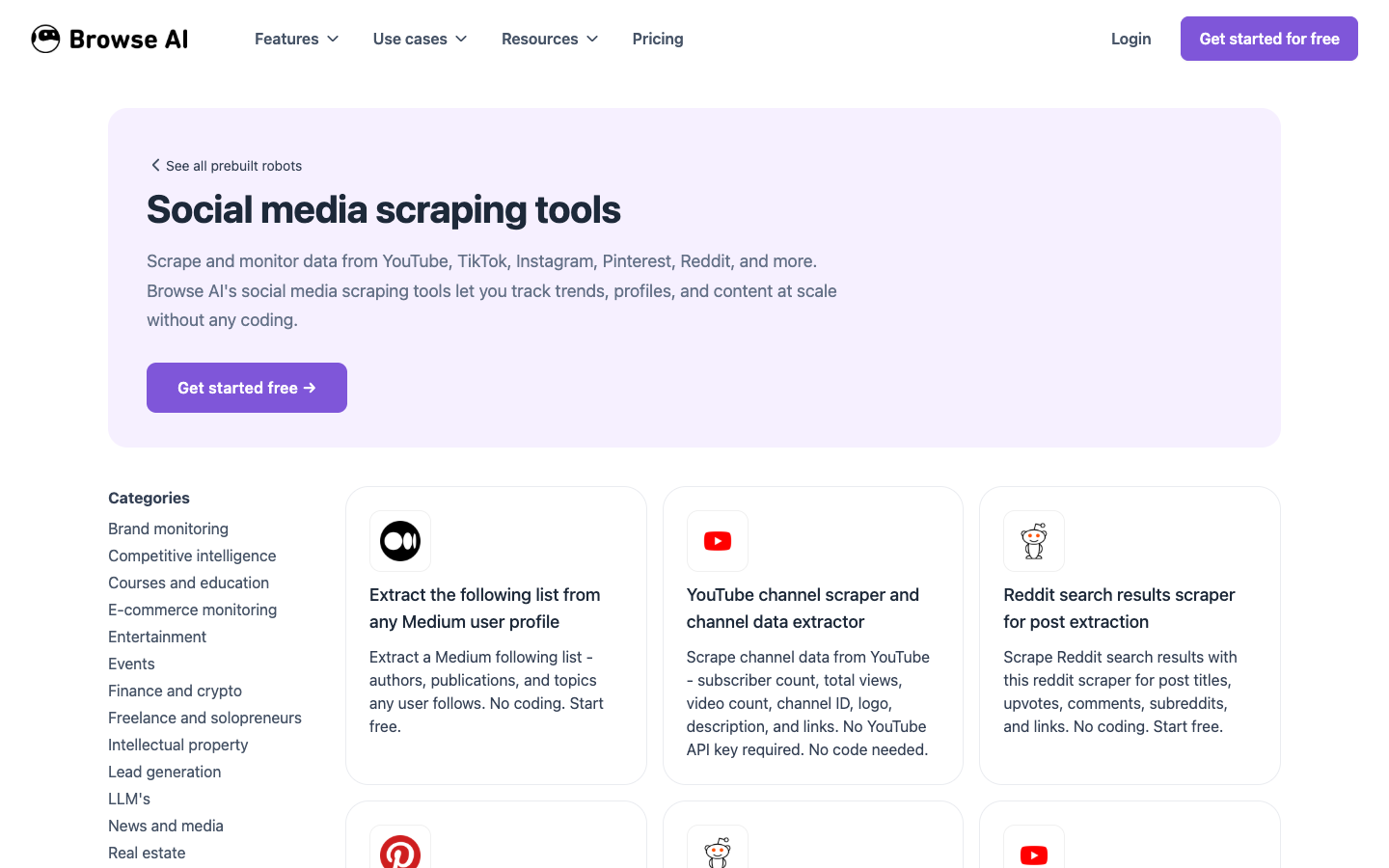 Browse AI social media scraping tools official category page screenshot