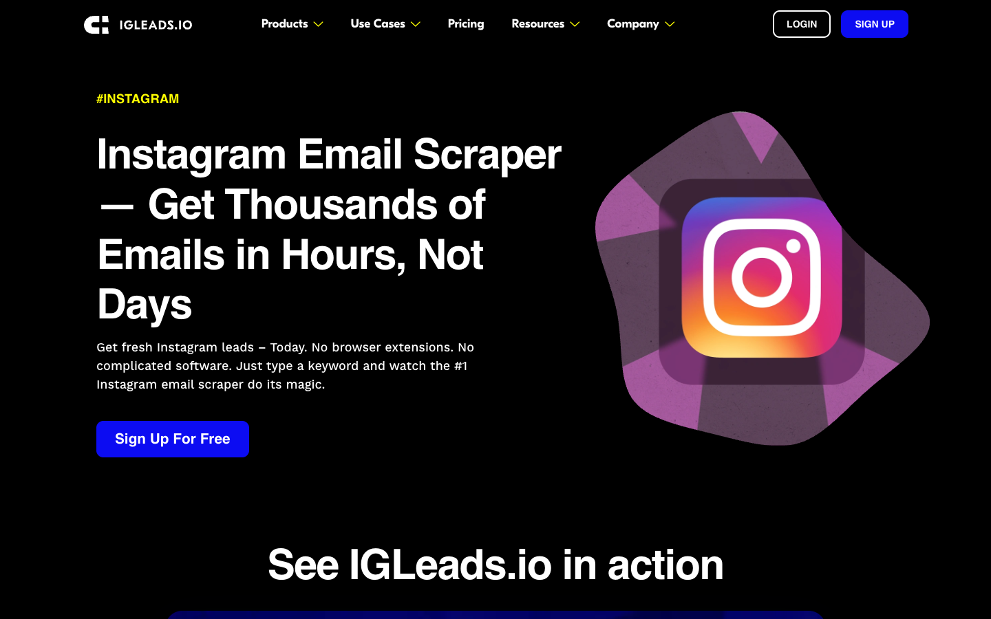 IGLeads Instagram Email Scraper official page screenshot showing lead-focused scraper positioning