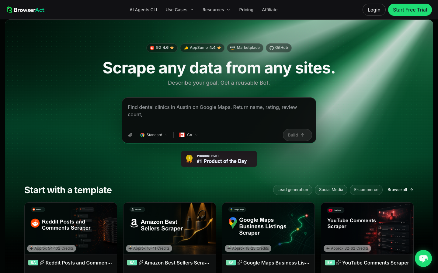 BrowserAct Dashboard screenshot showing where to create a Bot and paste an Instagram scraper prompt
