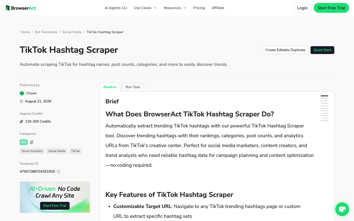 BrowserAct TikTok Hashtag Scraper official template screenshot