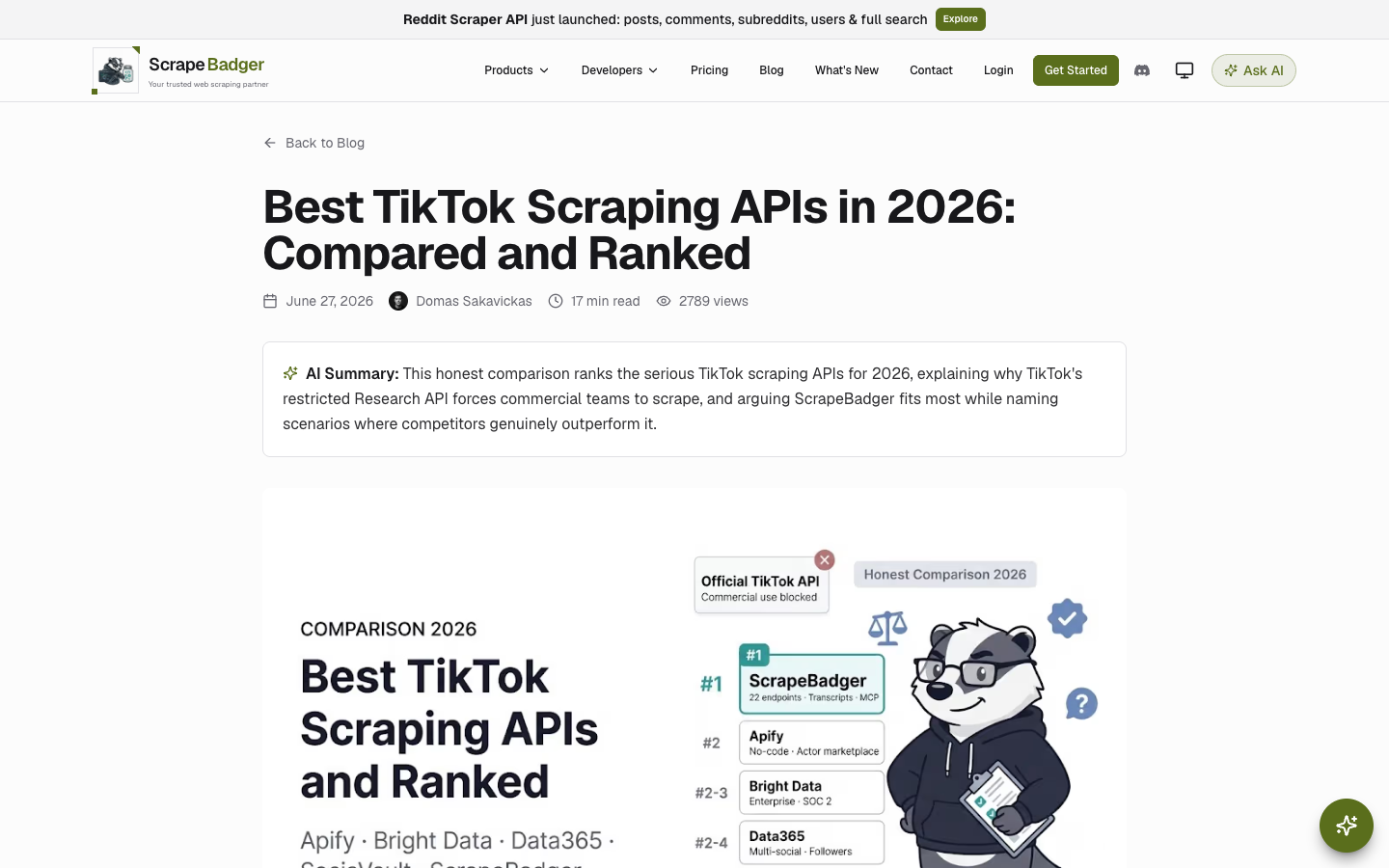 ScrapeBadger TikTok scraping APIs 2026 comparison screenshot