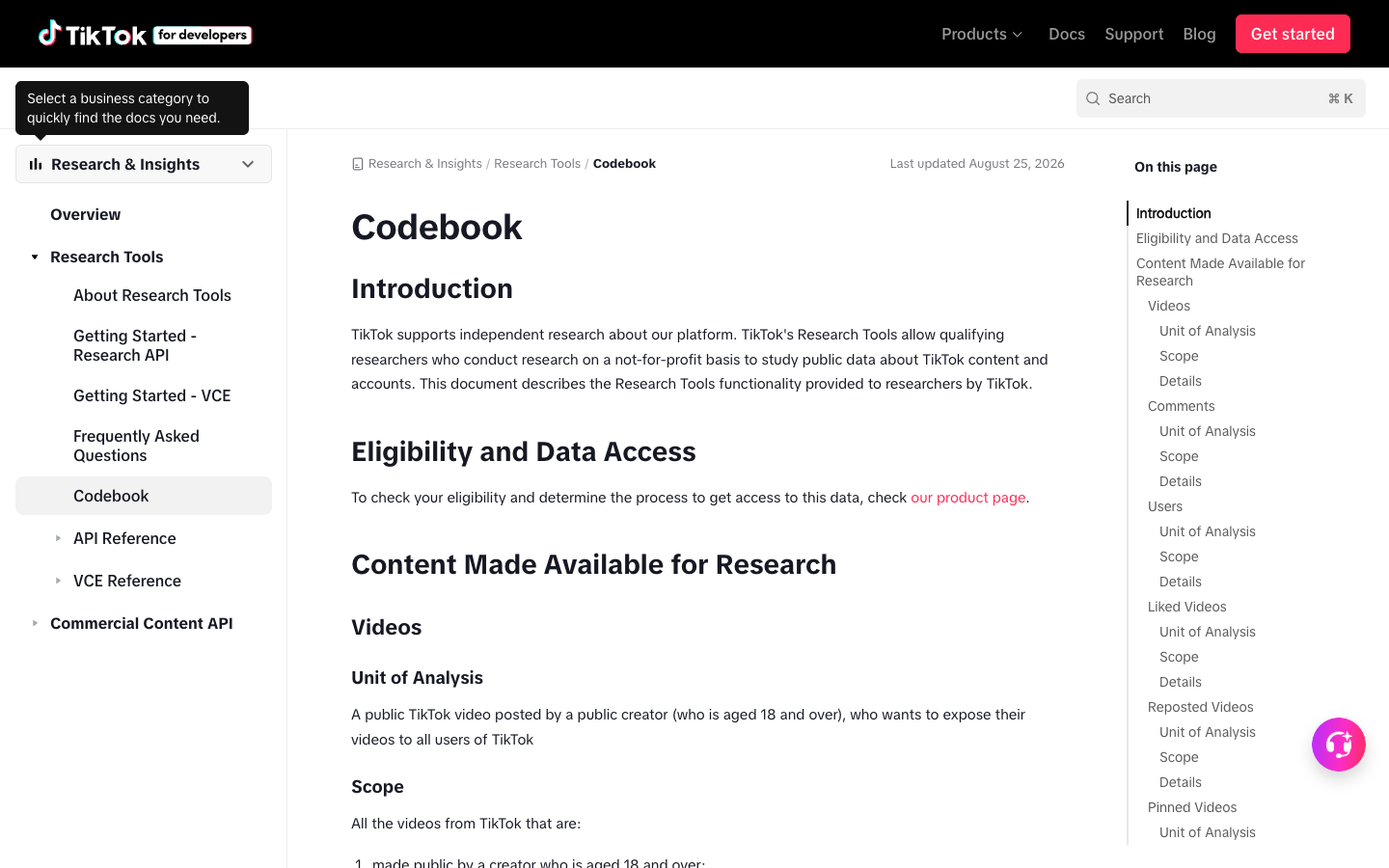 TikTok Research API official codebook screenshot
