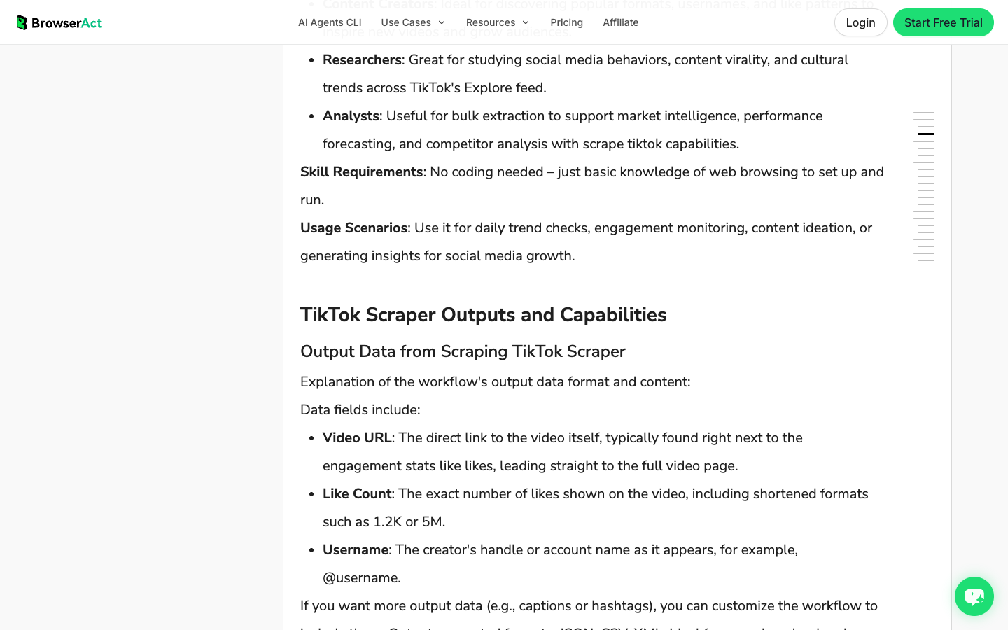 BrowserAct TikTok Scraper template screenshot showing product output fields and capabilities
