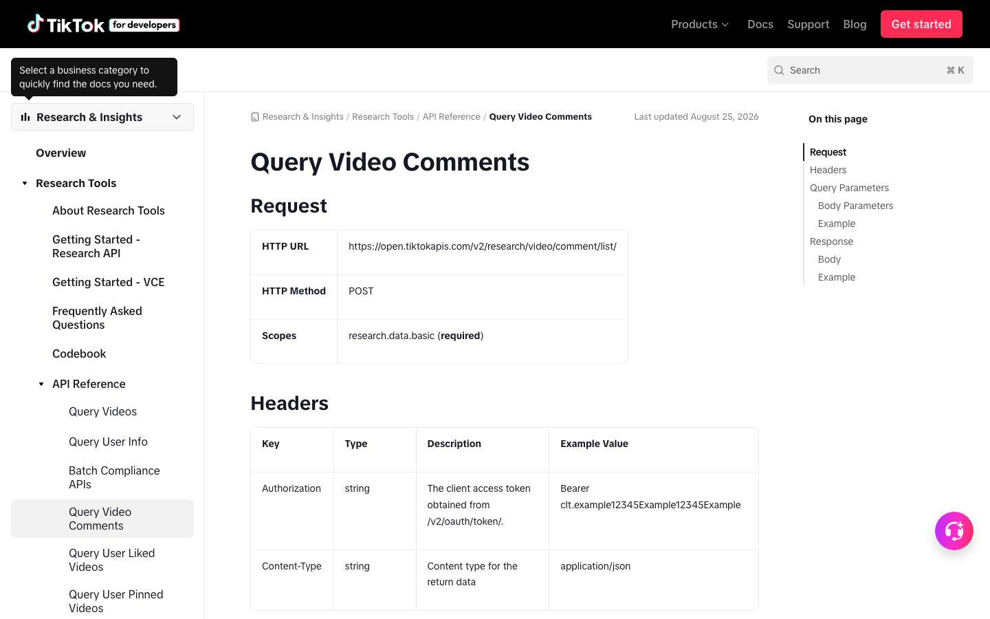 TikTok official Query Video Comments API documentation screenshot