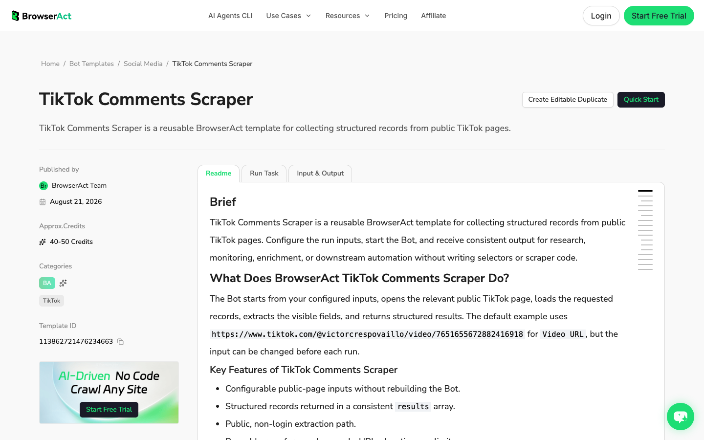 BrowserAct TikTok Comments Scraper template screenshot showing comment workflow context