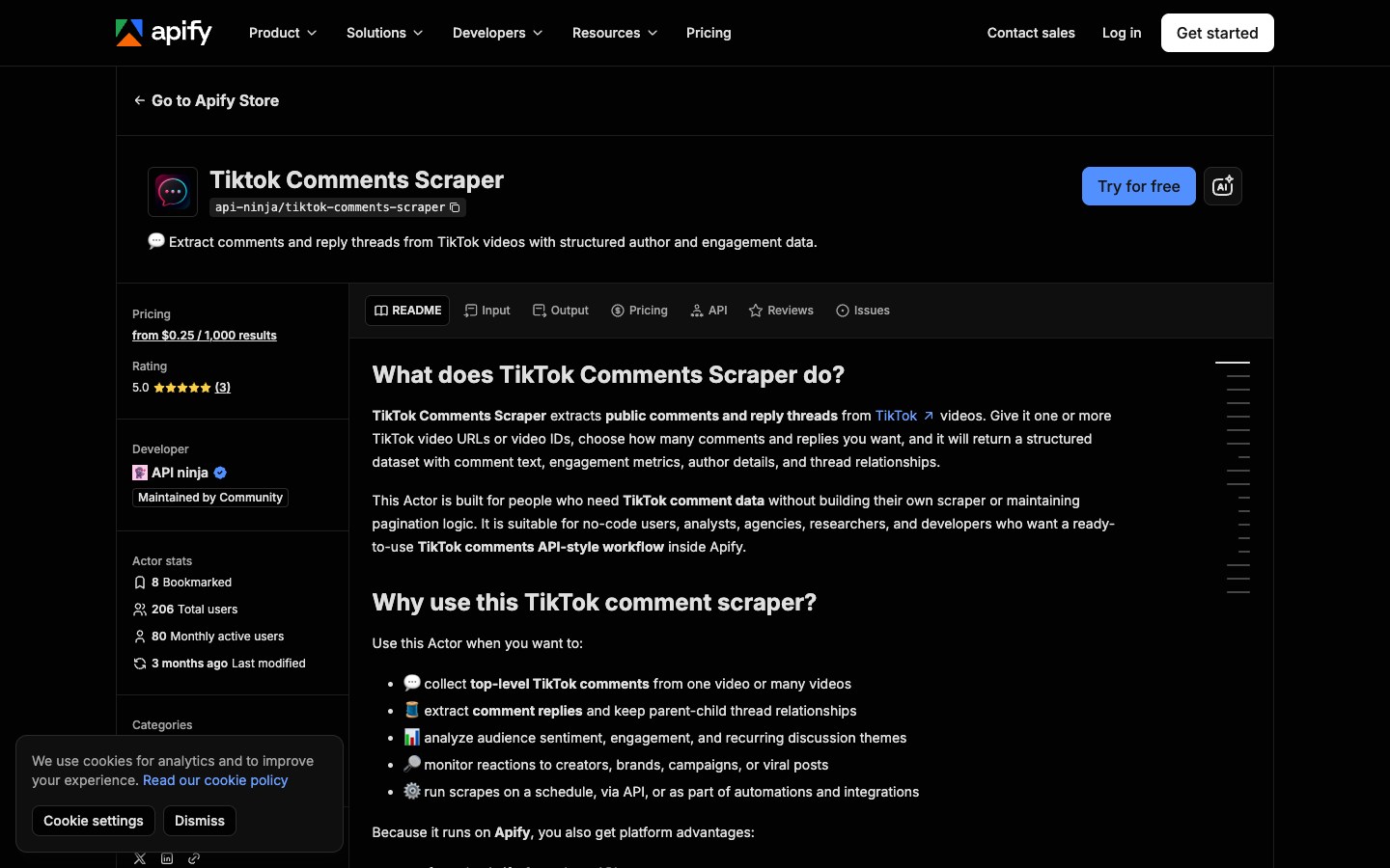 Apify TikTok Comments Scraper official marketplace screenshot