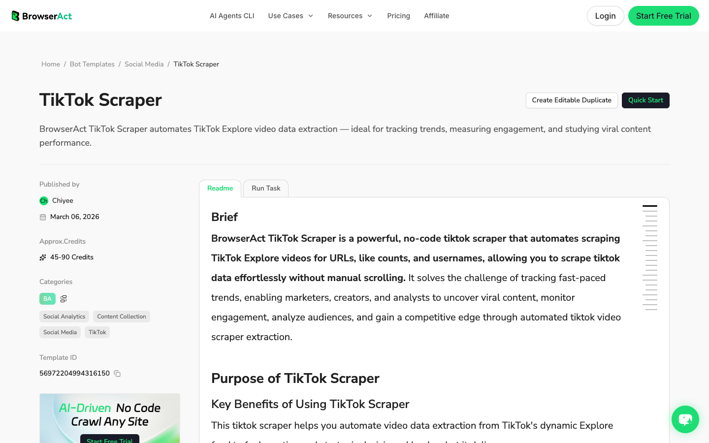 BrowserAct TikTok Scraper template official screenshot