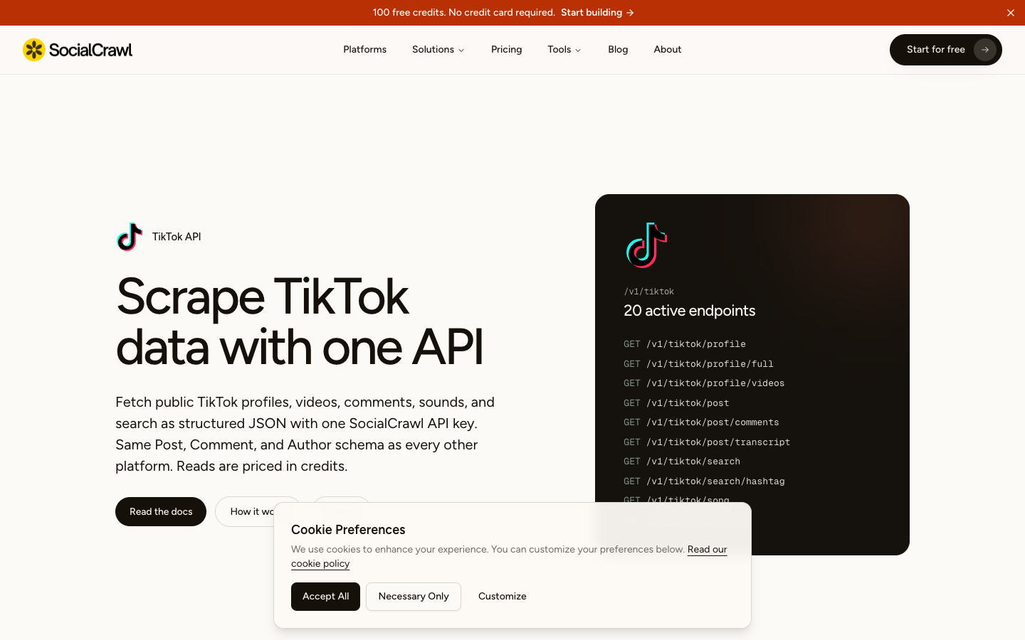 SocialCrawl TikTok platform page screenshot