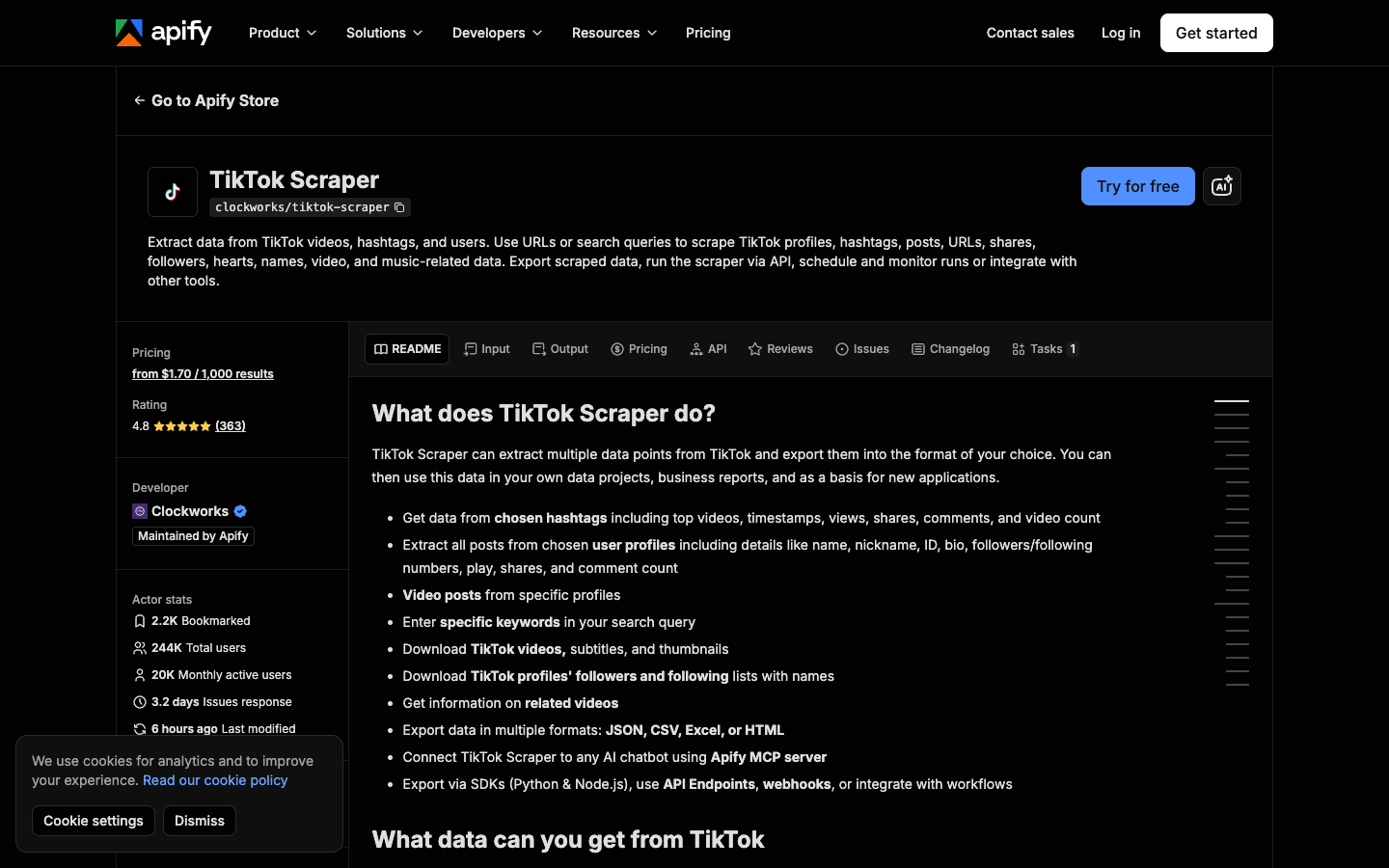 Apify TikTok Scraper official screenshot showing actor-based TikTok extraction context