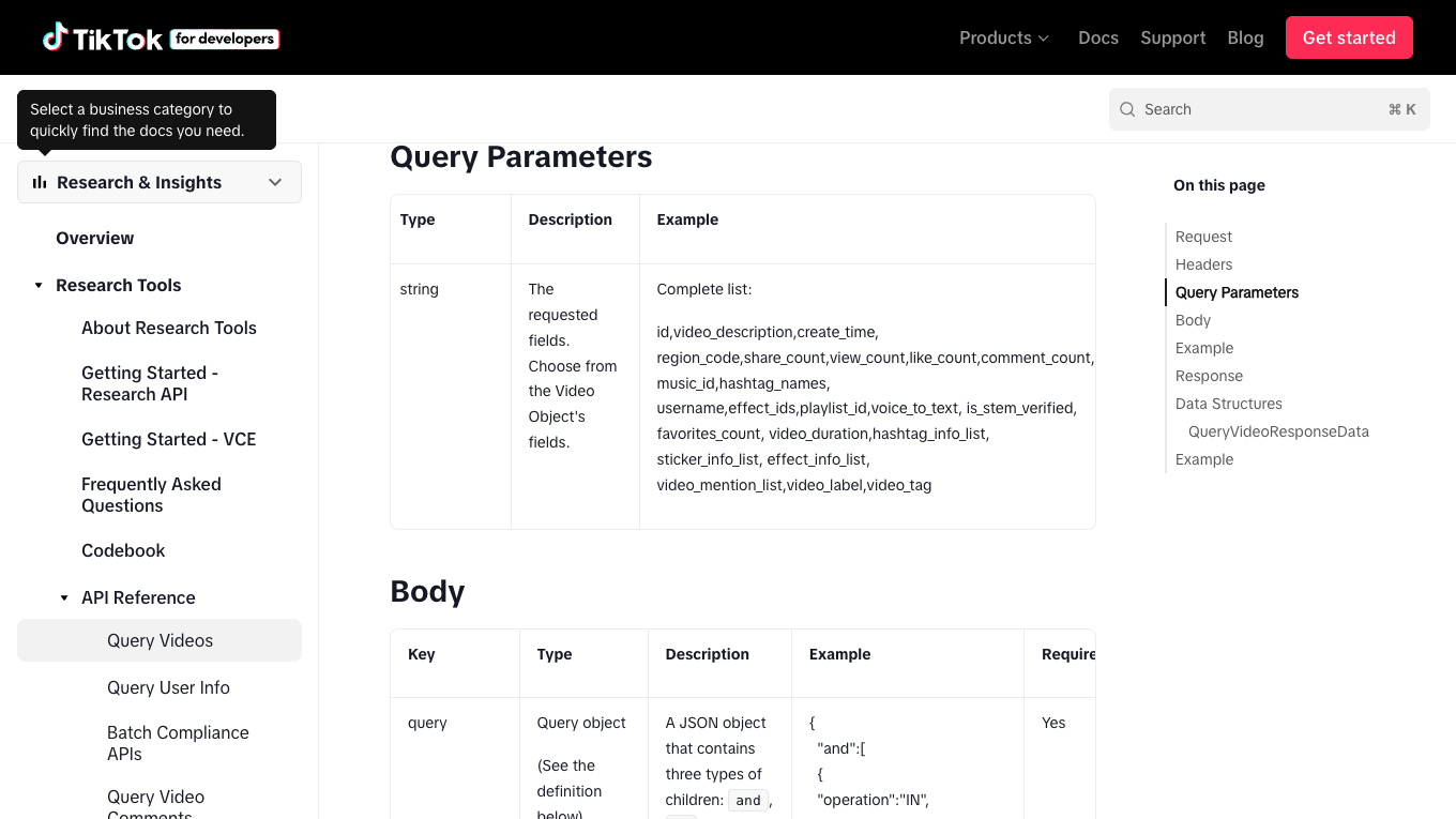 TikTok Research API documentation showing video query fields including voice_to_text