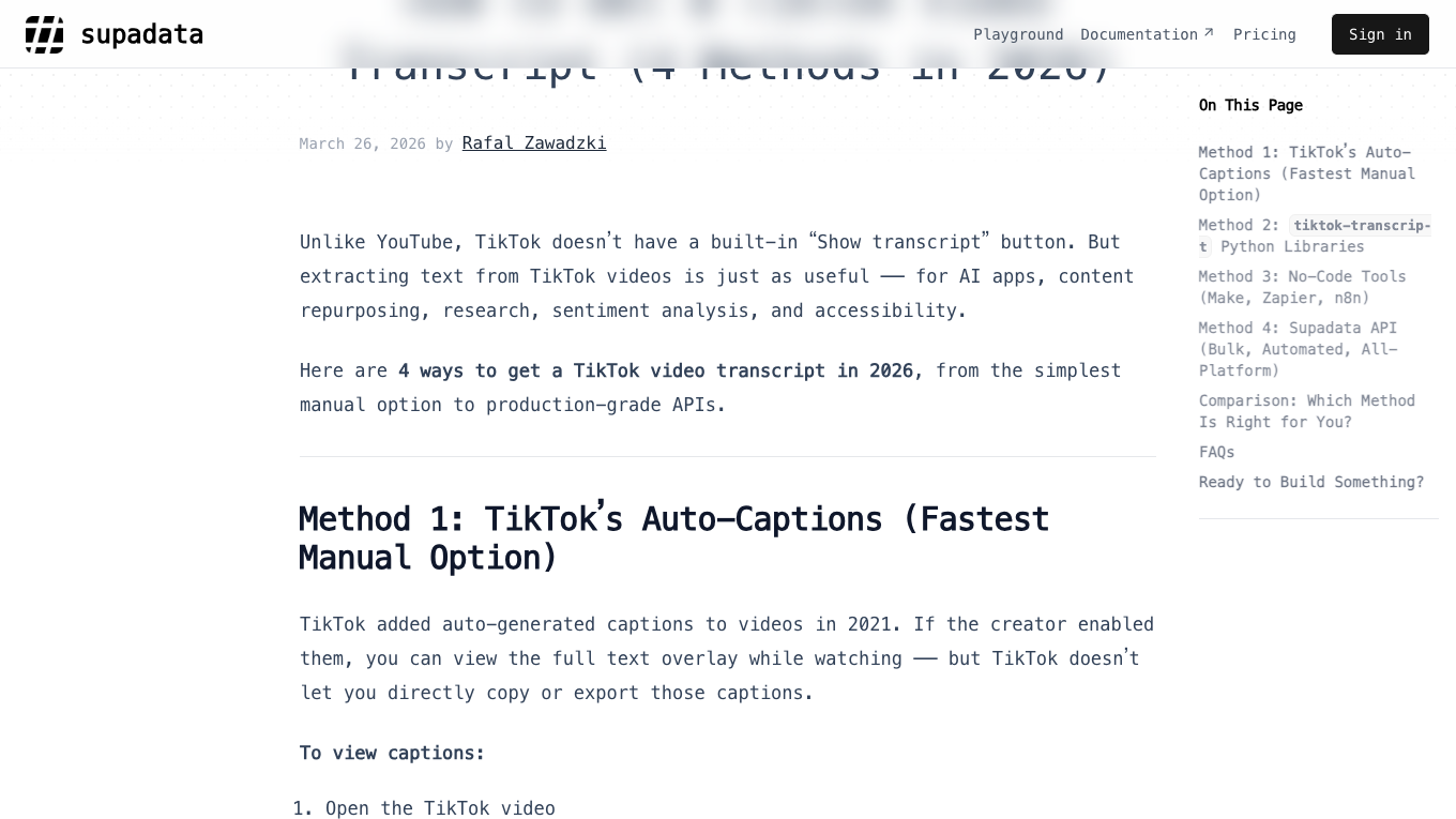 Supadata guide explaining methods for getting TikTok video transcripts in 2026