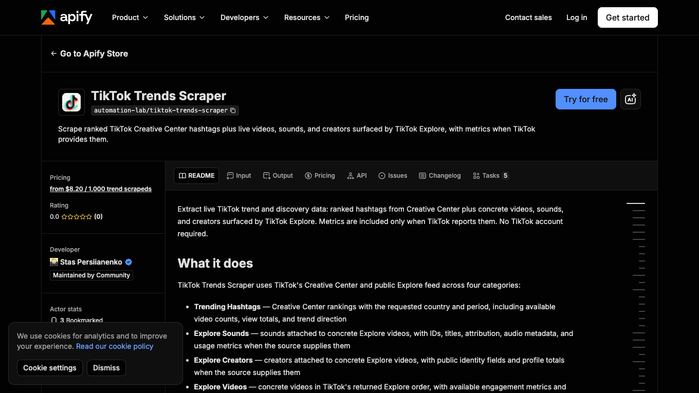Apify TikTok Trends Scraper official page showing sounds, creators, videos, and structured trend output