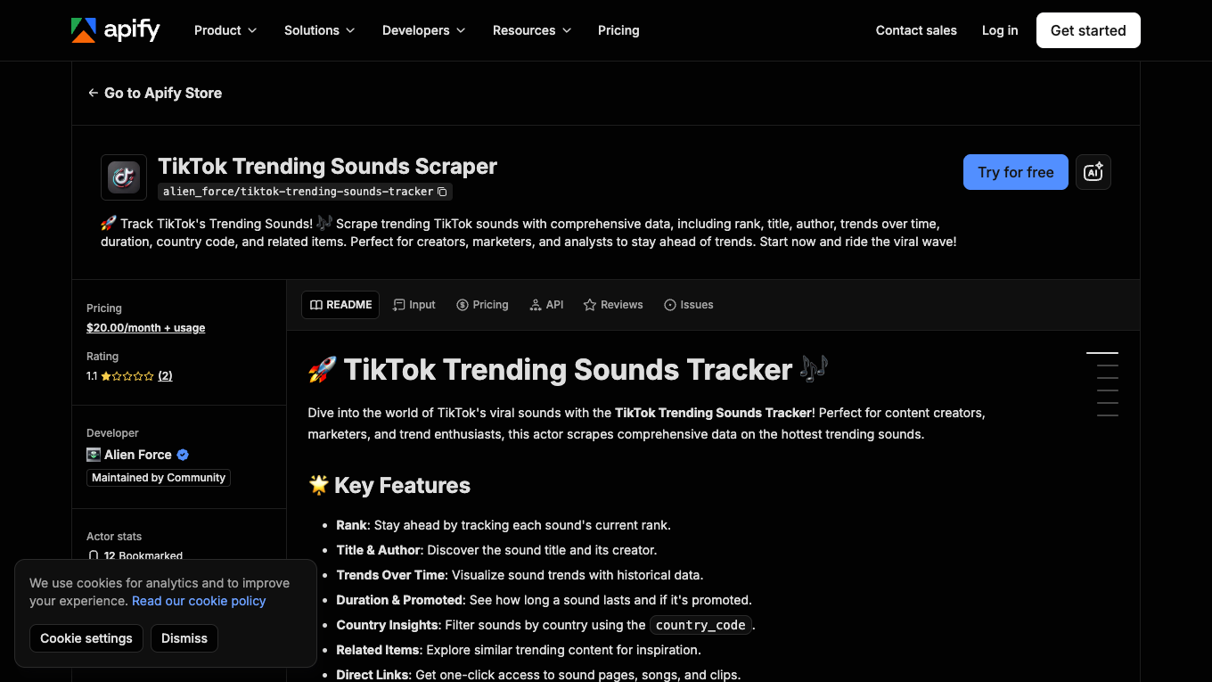 Apify TikTok Trending Sounds Scraper official page showing rank, trends over time, country insights, and related items