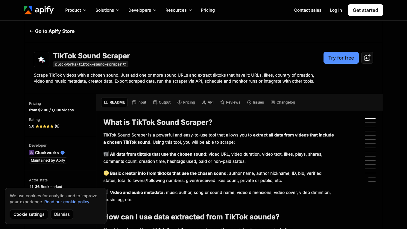 Apify TikTok Sound Scraper official page showing sound URL workflows, music metadata, videos, and creator data