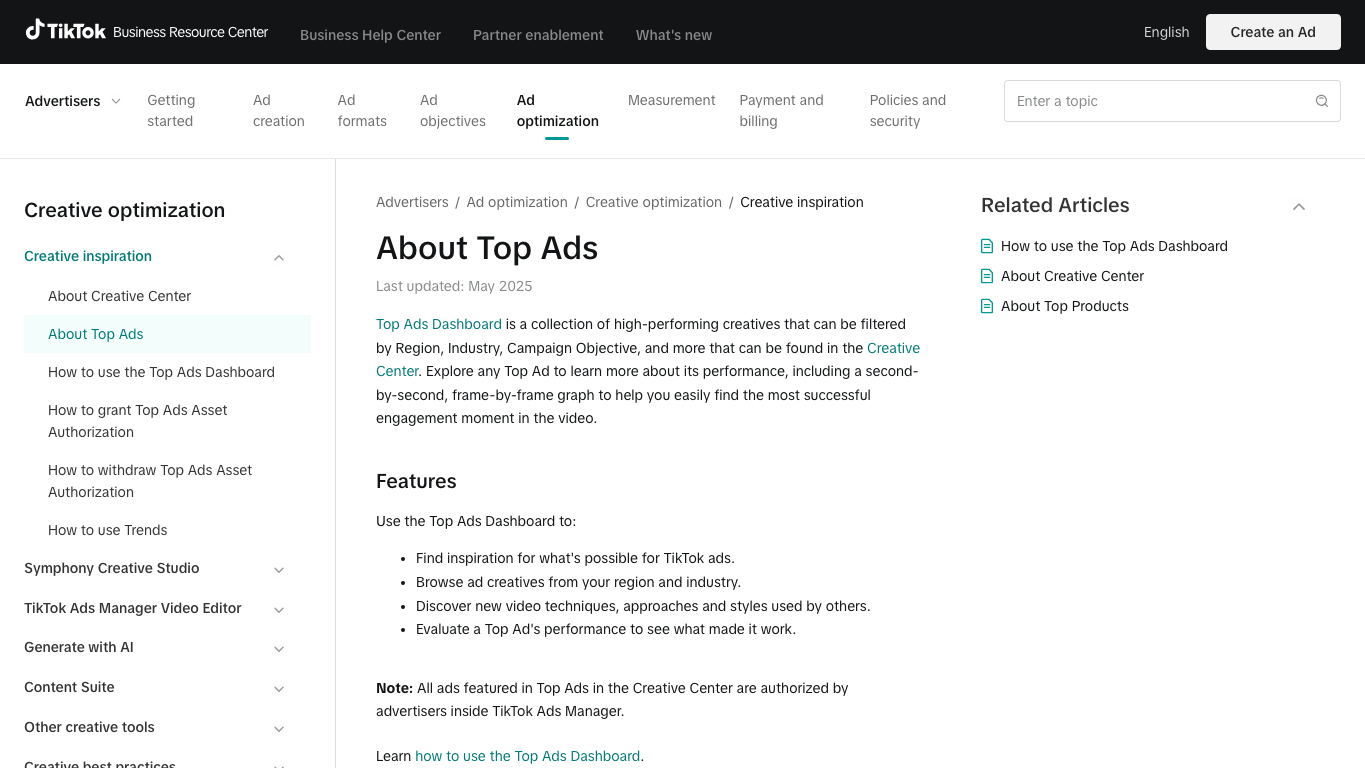 TikTok Top Ads official help page explaining high-performing creatives and frame-by-frame performance review
