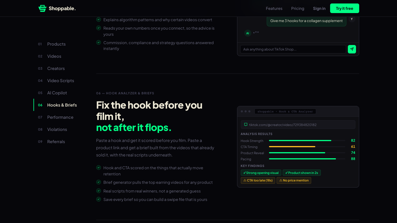 Shoppable official page showing a Hook and CTA Analyzer for TikTok URL, hook strength, CTA timing, product reveal, and pacing