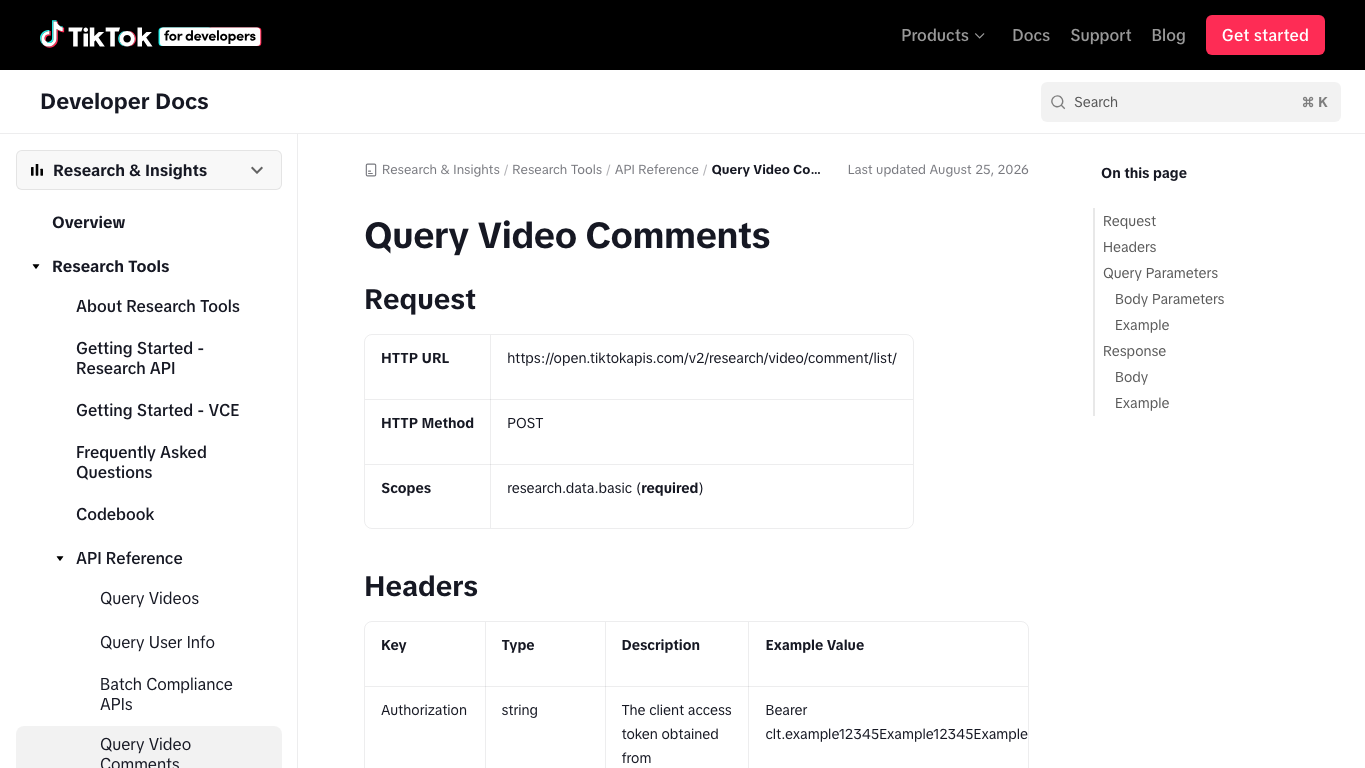TikTok Research API documentation showing Query Video Comments fields such as text, like count, reply count, parent comment ID, create time, and pagination