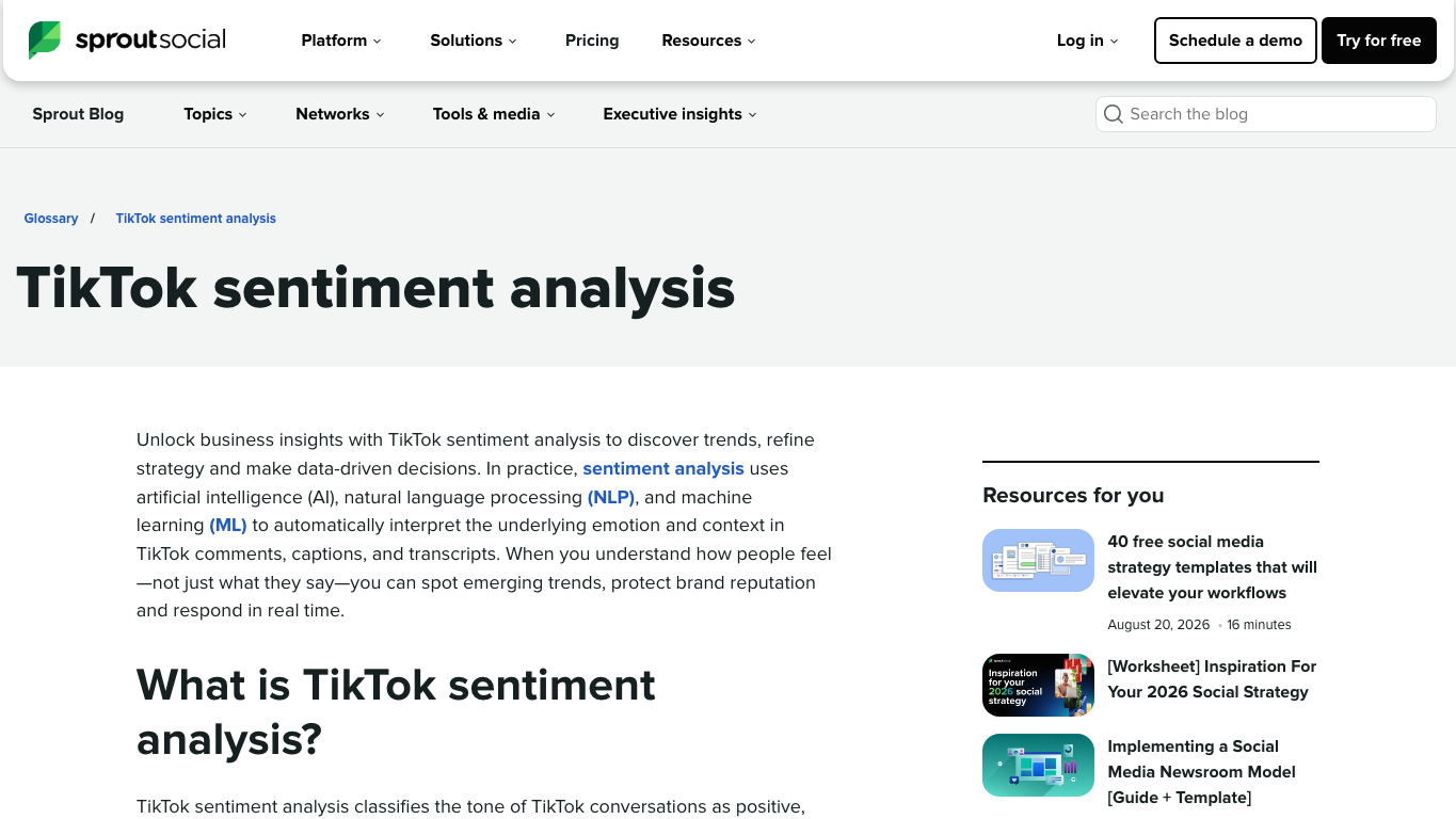 Sprout Social glossary page explaining TikTok sentiment analysis, business use cases, cleaning, classification, visualization, and challenges
