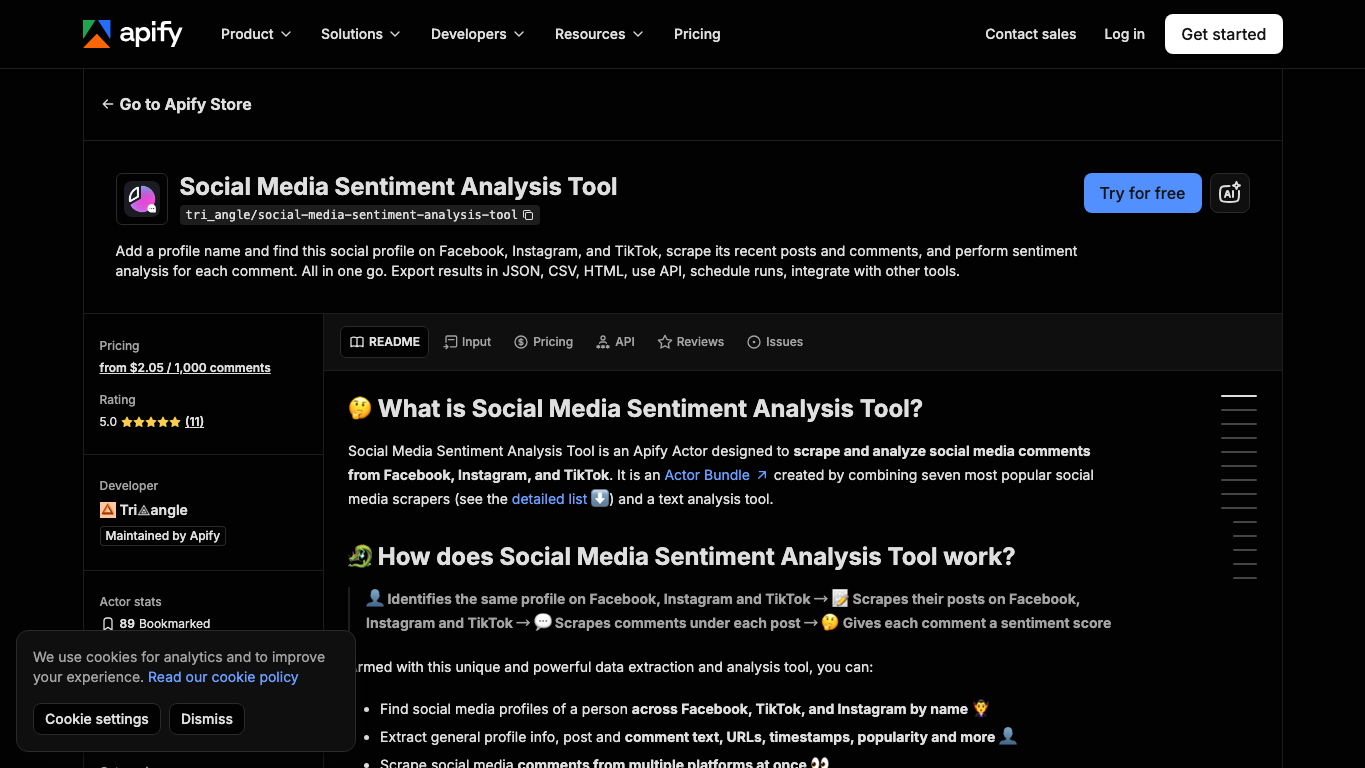Apify Social Media Sentiment Analysis Tool official page showing TikTok comment scraping and sentiment scoring