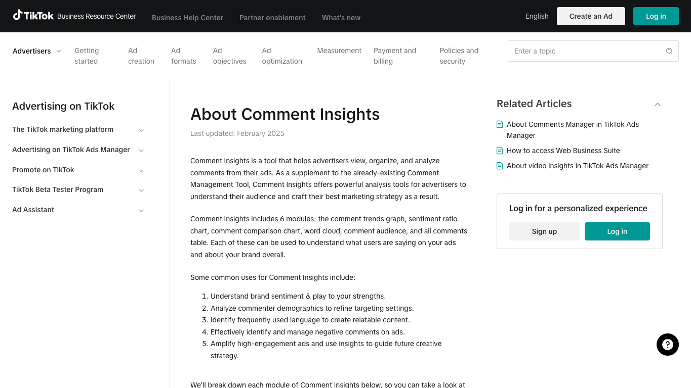 TikTok Ads official Comment Insights page describing comment trends, sentiment, questions, word clouds, audience breakdown, and all-comment tables