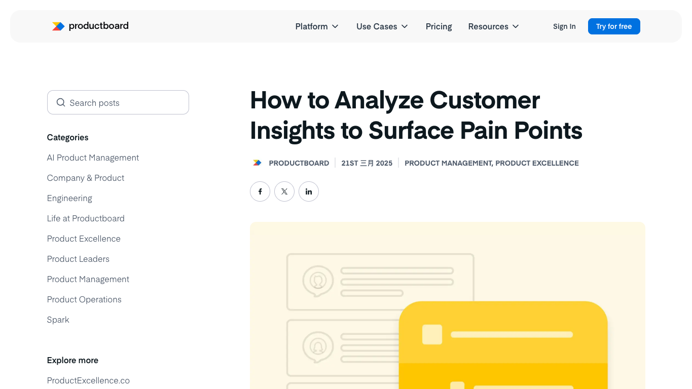 Productboard official article about analyzing customer insights to surface pain points