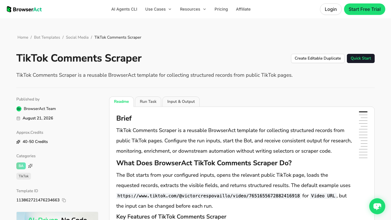 BrowserAct TikTok Comments Scraper official template page showing public TikTok comment collection and structured output positioning