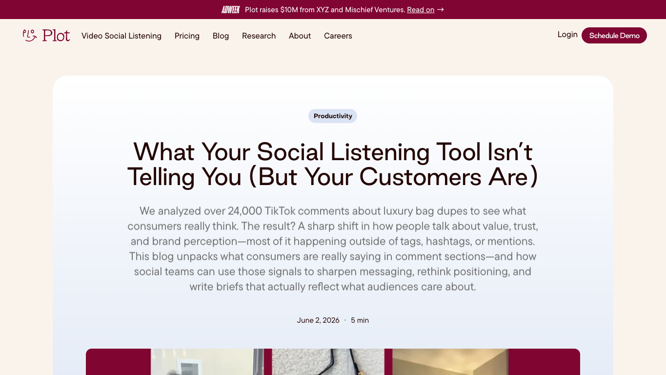 Plot article page about analyzing 24,000 TikTok comments to reveal customer signals missed by broader social listening