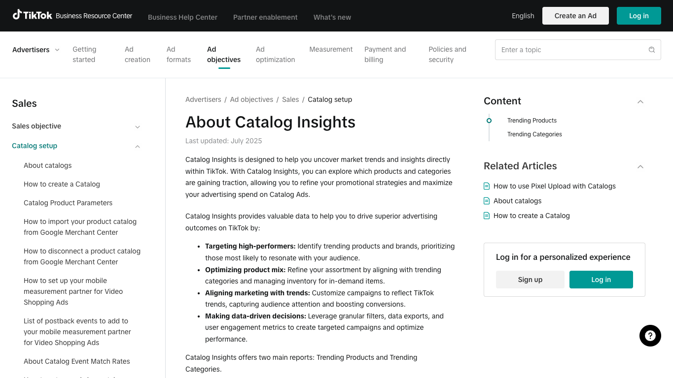 TikTok For Business official Catalog Insights page showing Trending Products and Trending Categories reports