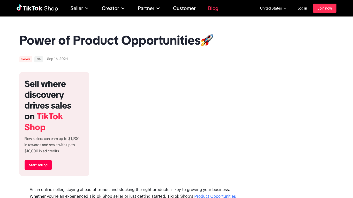 TikTok Shop official Product Opportunities page for seller product discovery