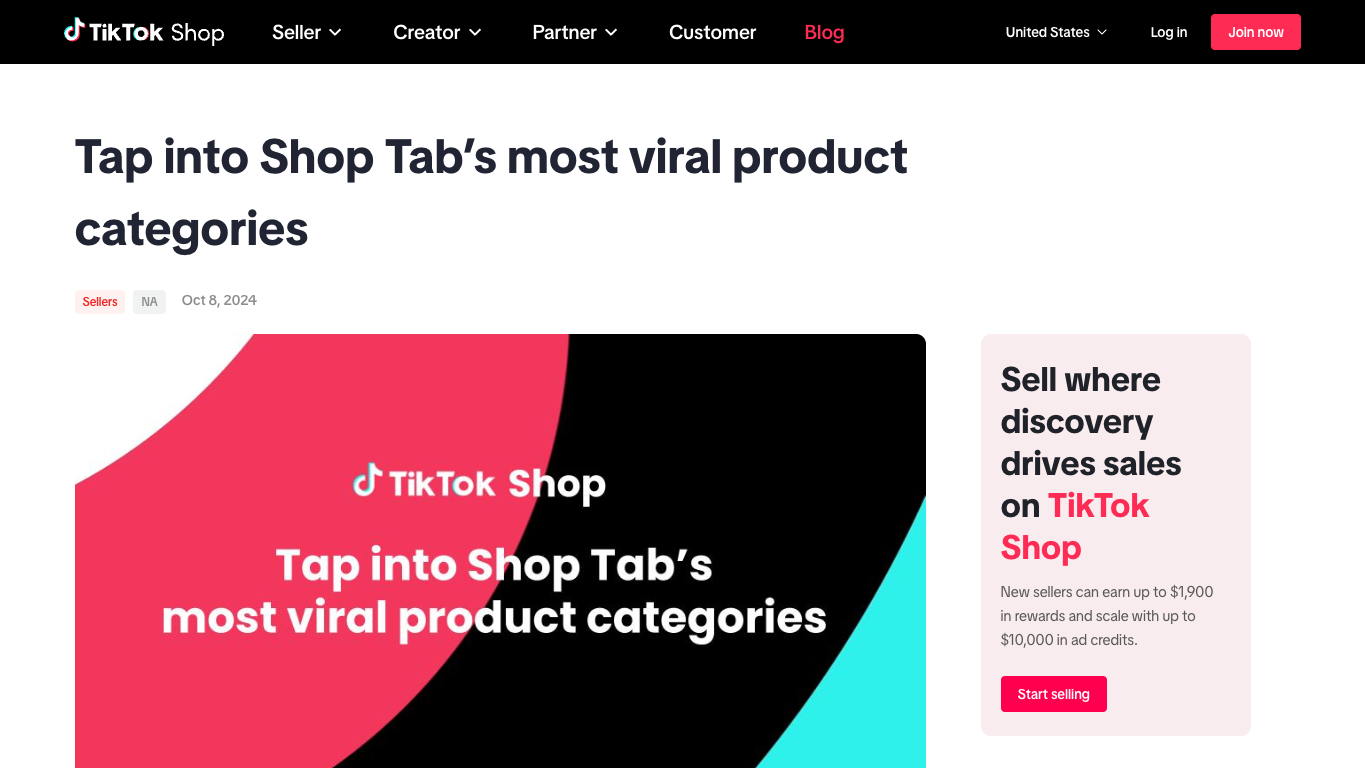 TikTok Shop official page about Shop Tab viral product categories