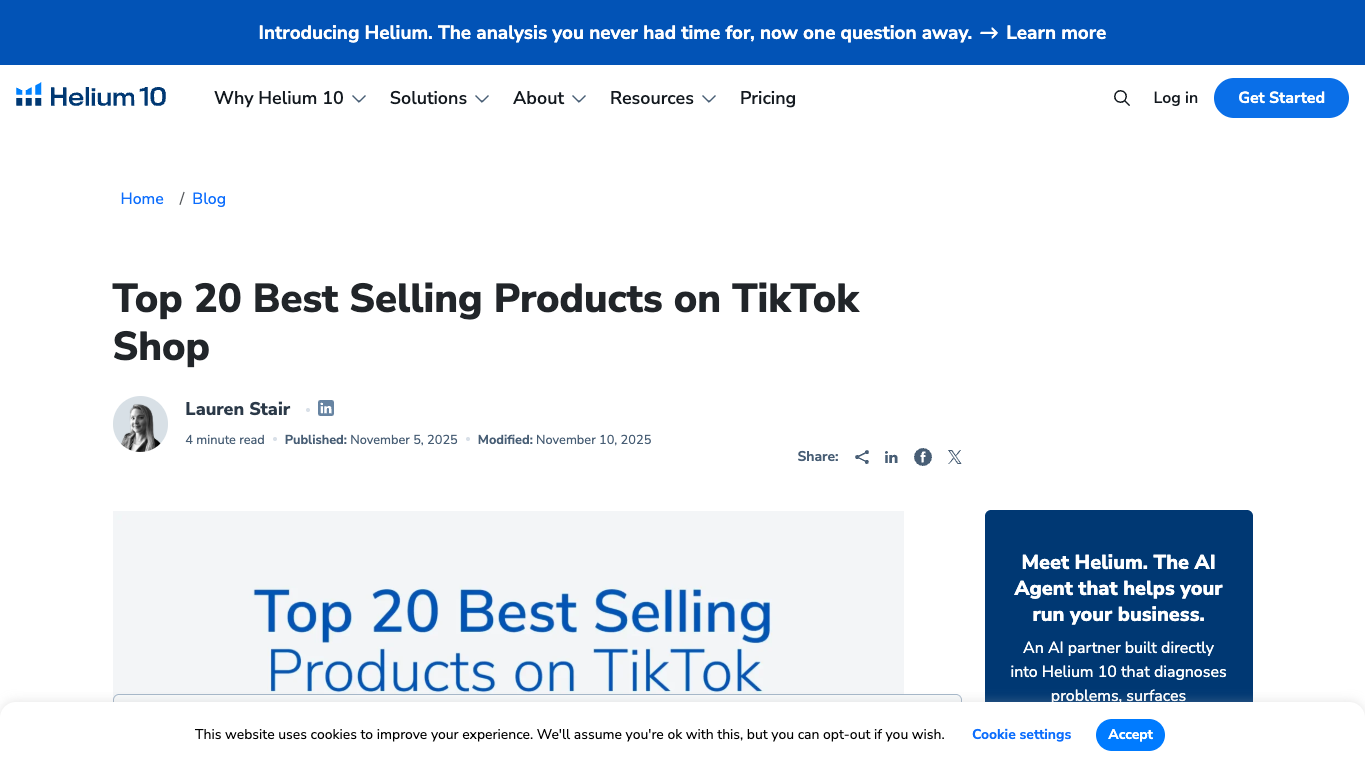 Helium 10 article page about best-selling TikTok Shop products and product research metrics