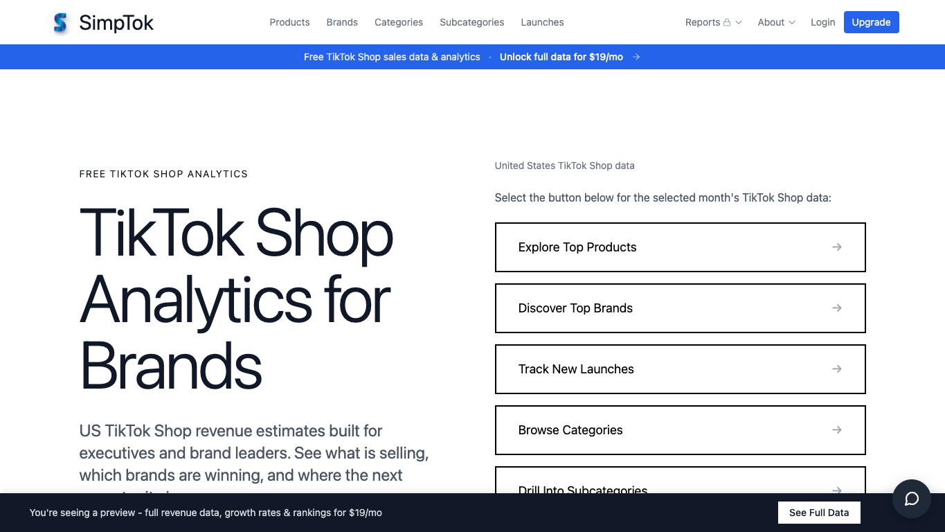 SimpTok page showing TikTok Shop analytics navigation for top products, brands, categories, and launches