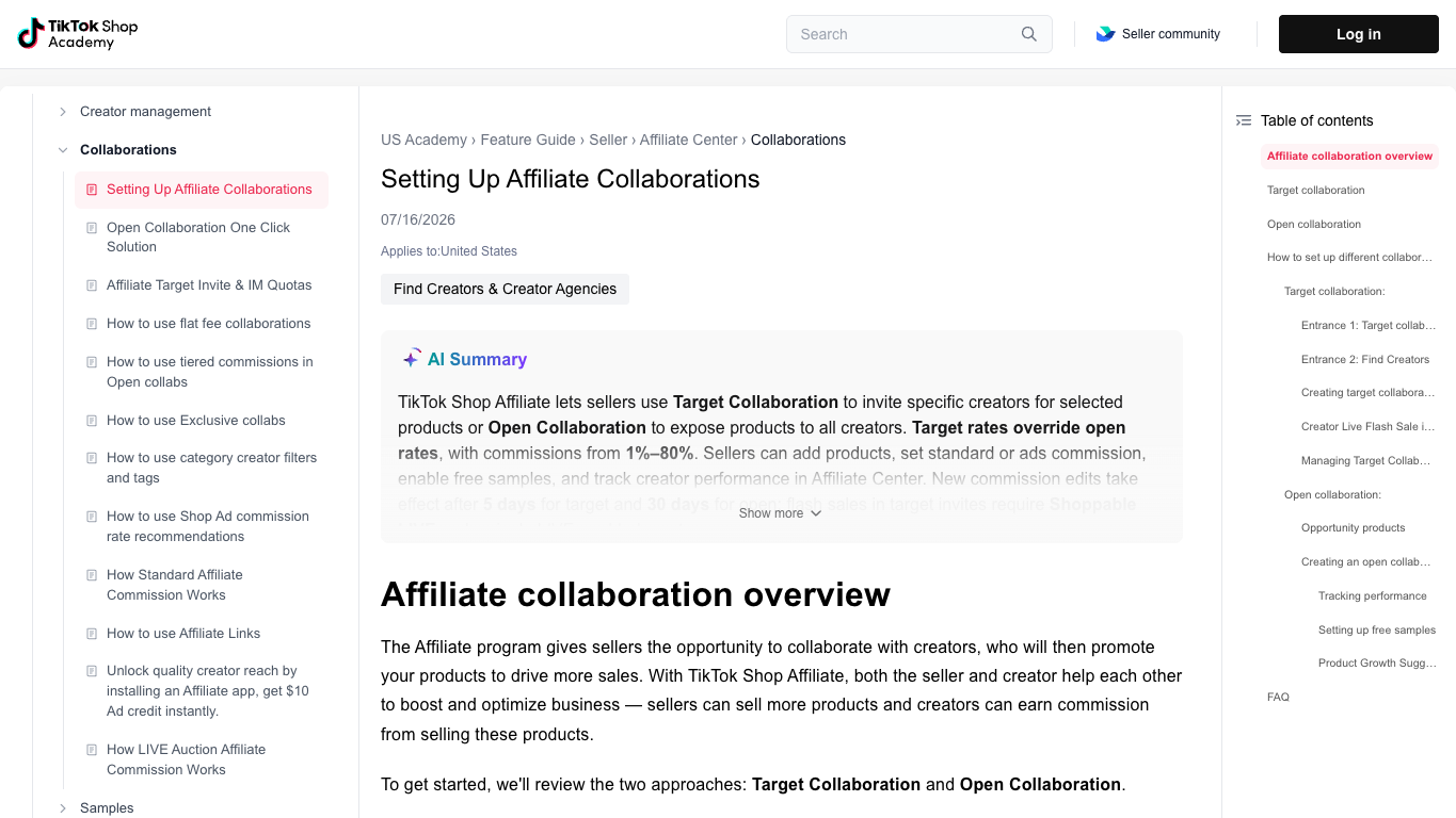 TikTok Seller University page explaining affiliate collaboration, Target Collaboration, Open Collaboration, commission, samples, and creator performance