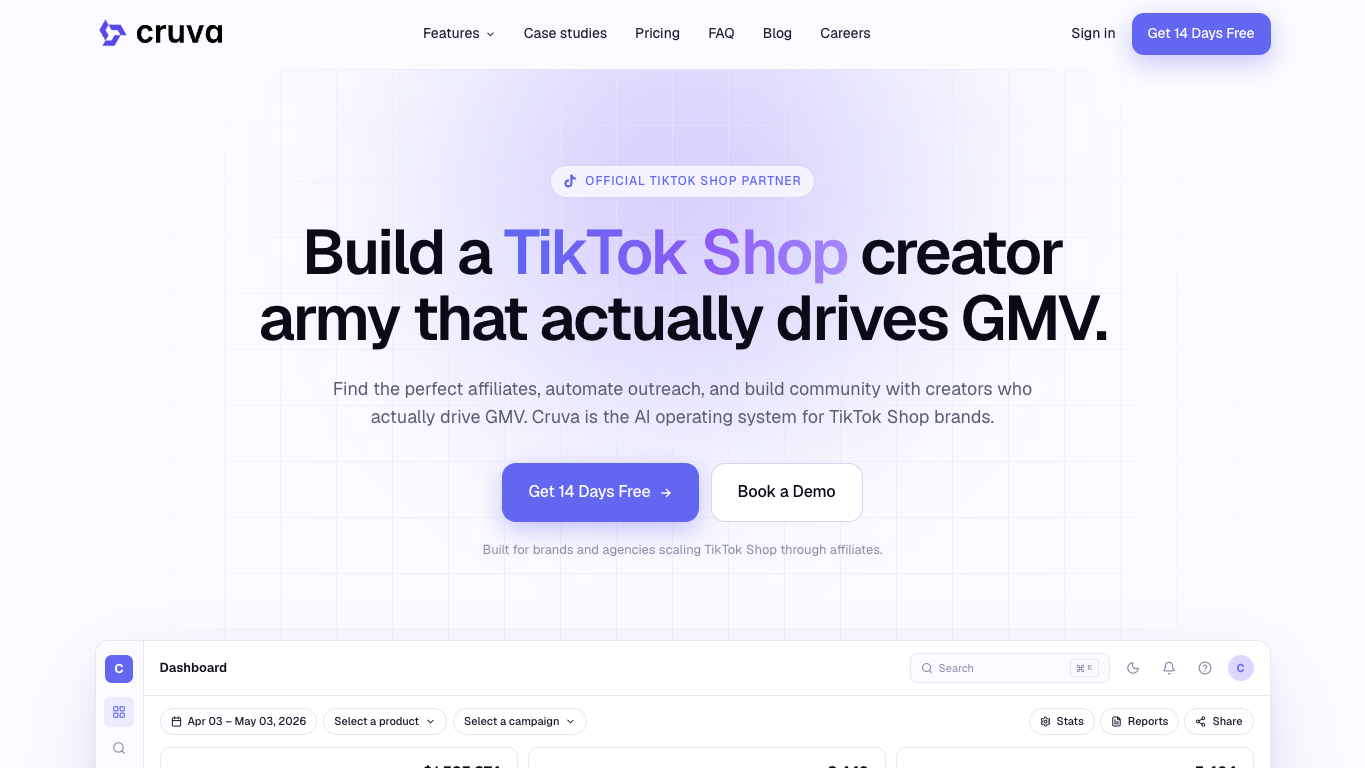 Cruva official page showing TikTok Shop affiliate management and creator search positioning