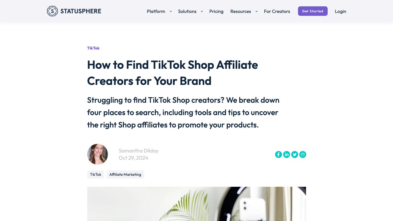 Statusphere guide page about finding TikTok Shop affiliate creators for a brand