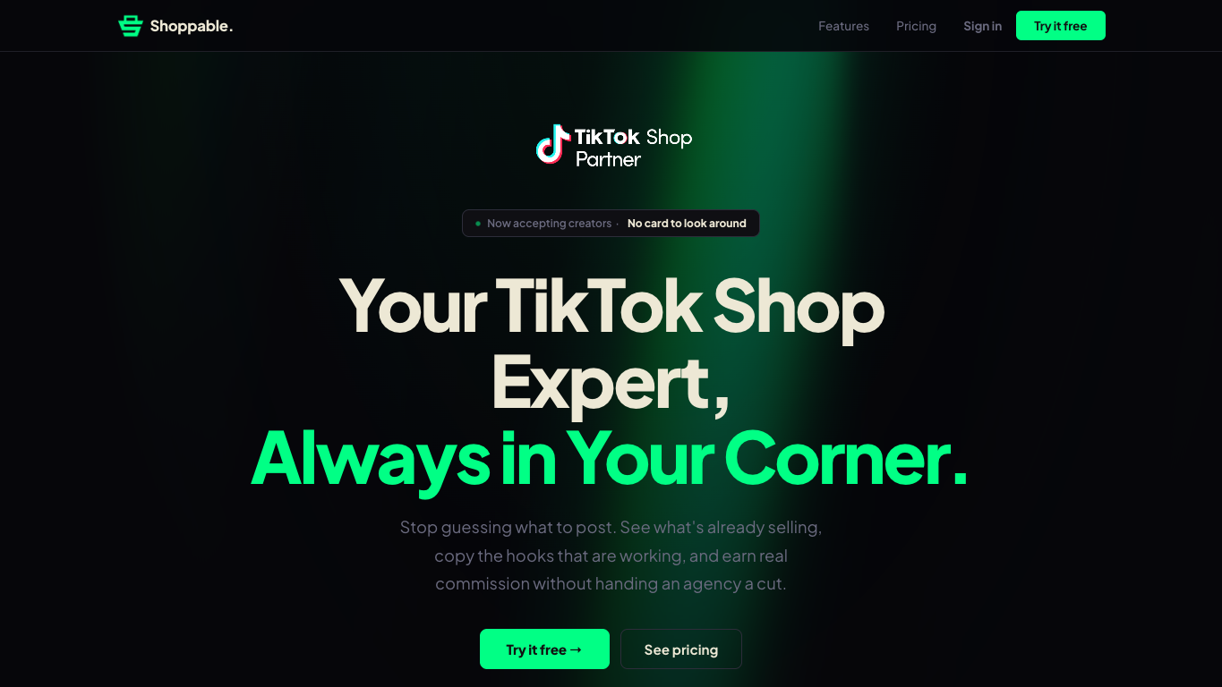 Shoppable official page showing TikTok Shop data, creator research, shop spy, winning videos, GMV, hooks, and product discovery positioning