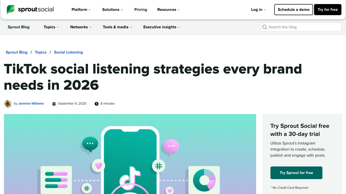 Sprout Social TikTok social listening guide showing hashtags, keywords, sounds, mentions, comments, and negative spike monitoring