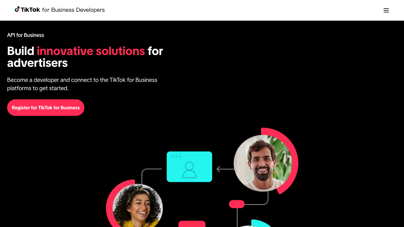 TikTok API for Business page showing TikTok business developer platform positioning for mentions and business APIs