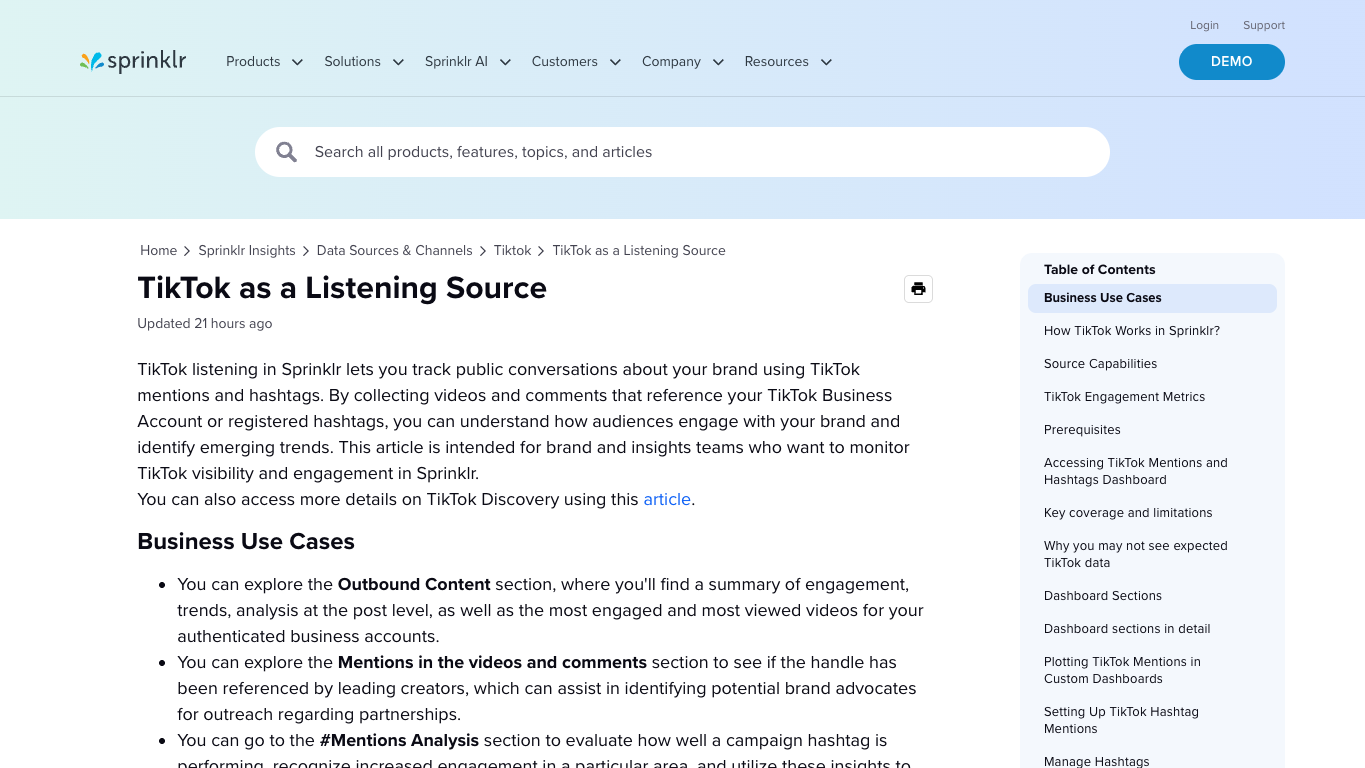 Sprinklr Help Center page showing TikTok as a listening source for brand mentions, hashtags, videos, and comments