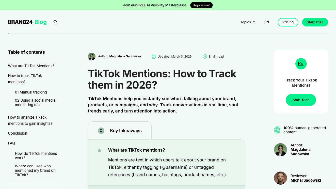 Brand24 TikTok mentions guide explaining tagged and untagged brand, product, campaign, and hashtag mentions